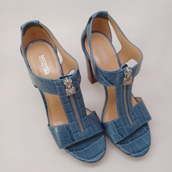 Michael Kors Heels Blue Leather Zip Front Platform Sandals Berkley Womens 7 - Picture 9 of 15